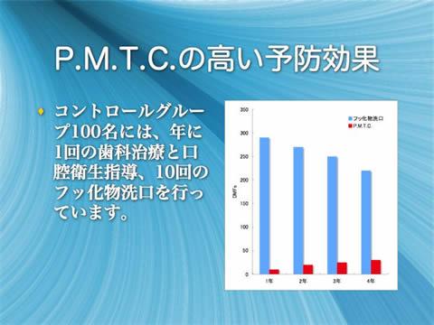 Ｐ．Ｍ．Ｔ．Ｃ．の高い予防効果<br />コントロールグループ100名には、年に1回の歯科治療と口腔衛生指導、10回のフッ化物洗口を行っています。